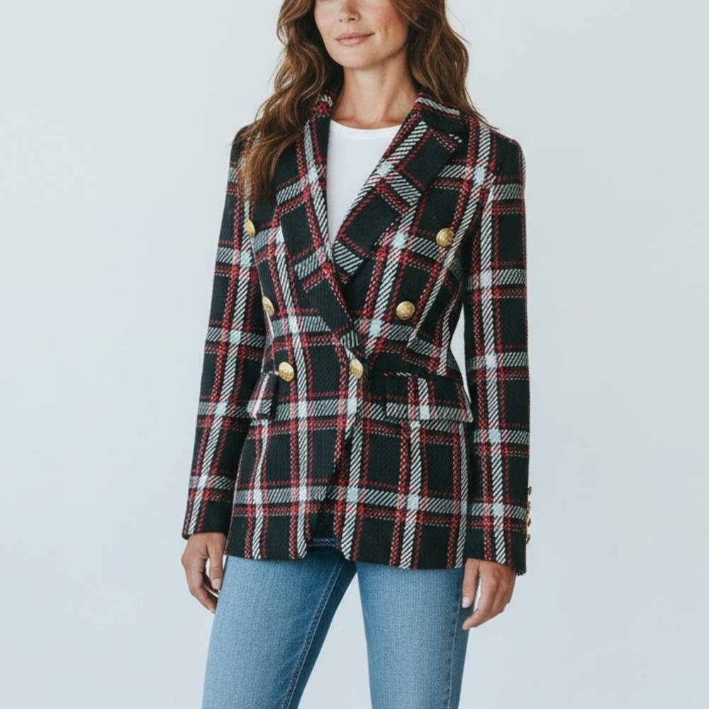 Boston Proper Plaid Blazer Women Size 4 Navy Red